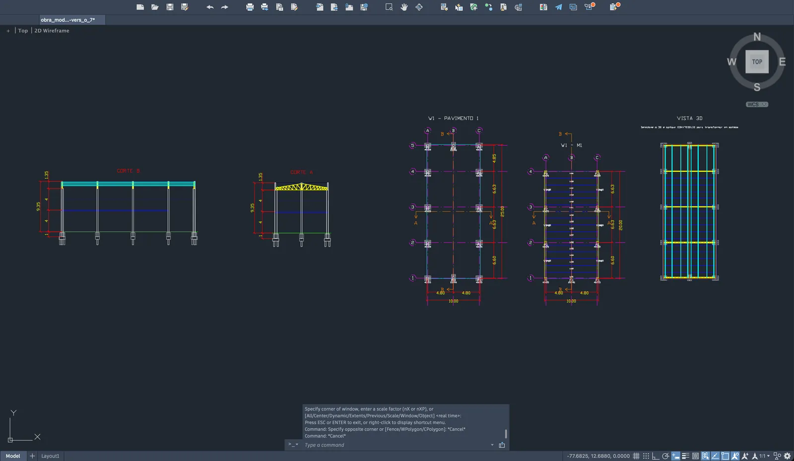 Arquivo DXF aberto em CAD com planta, cortes e 3D