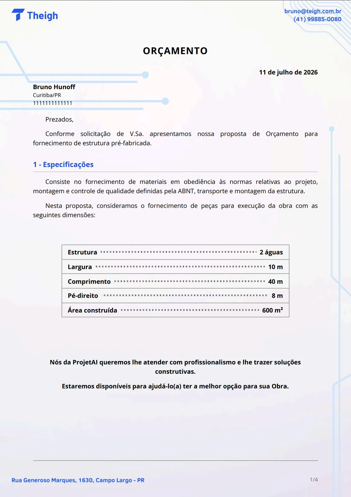 Proposta de orçamento em PDF com papel timbrado